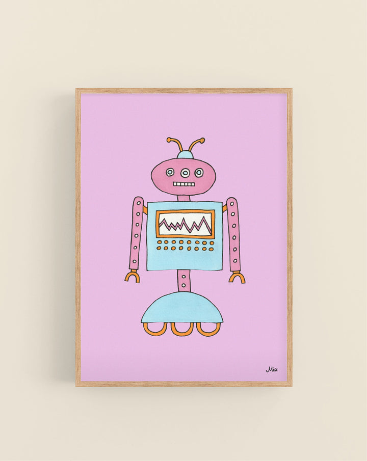 Android Purple plakat, lilla robot på lavendelrosa bakgrunn