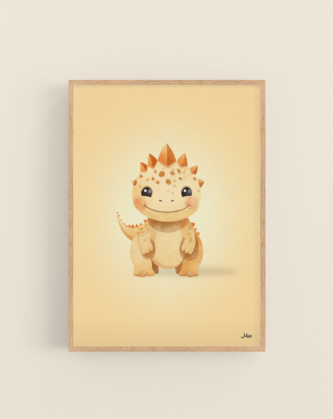 Dino Brown plakat, brun babydinosaur på aprikos bakgrunn