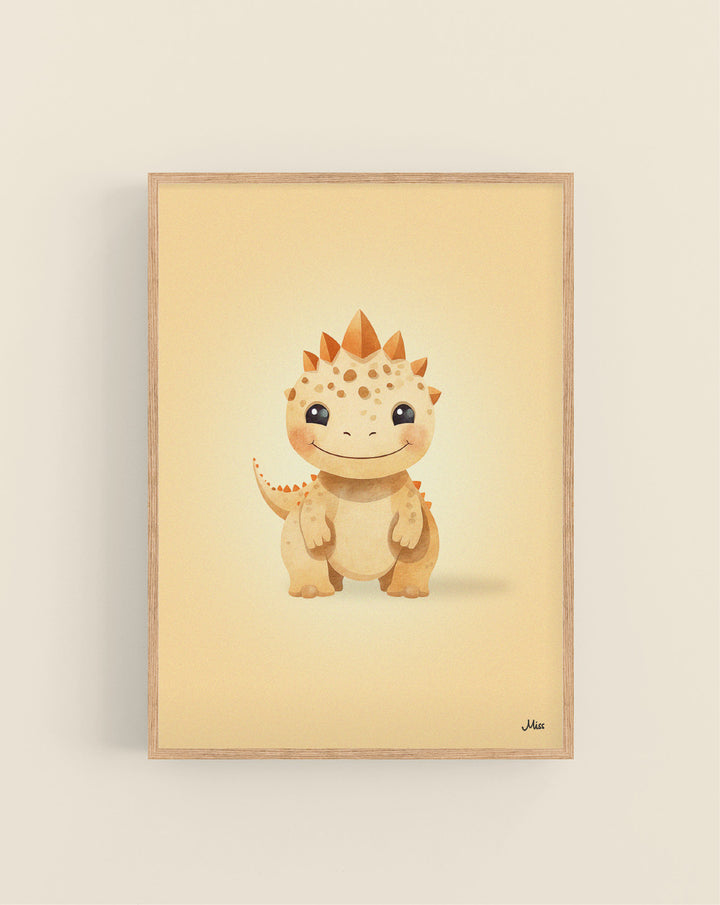 Dino Brown plakat, brun babydinosaur på aprikos bakgrunn