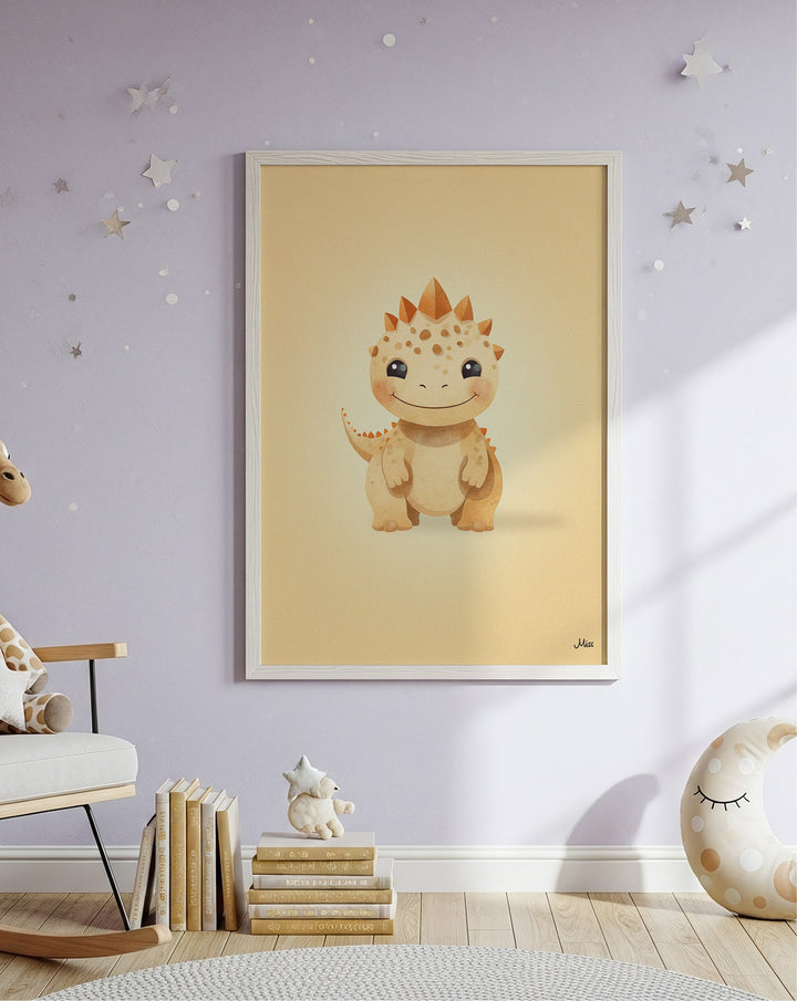 Dino Brown plakat i hvit ramme på lilla barneromsvegg