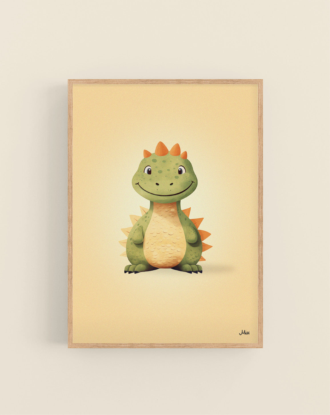 Dino Green plakat, grønn babydinosaur på aprikos bakgrunn