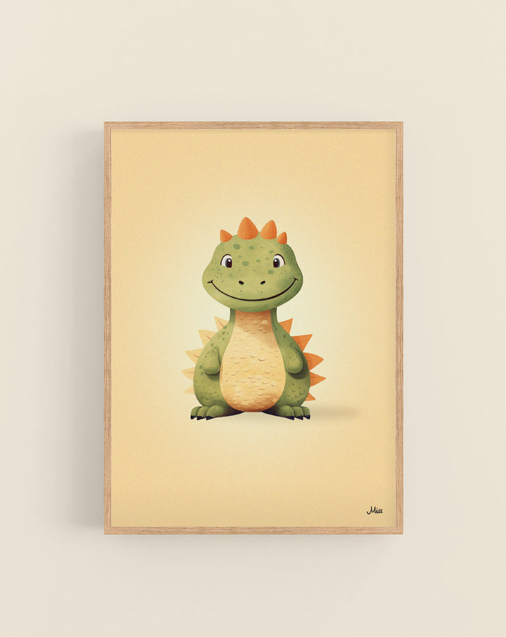 Dino Green plakat, grønn babydinosaur på aprikos bakgrunn