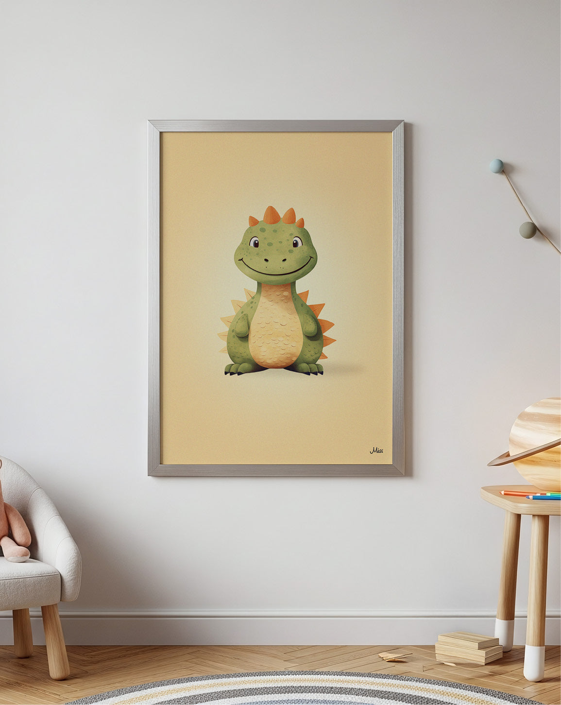 Dino Green plakat på grå barneromsvegg