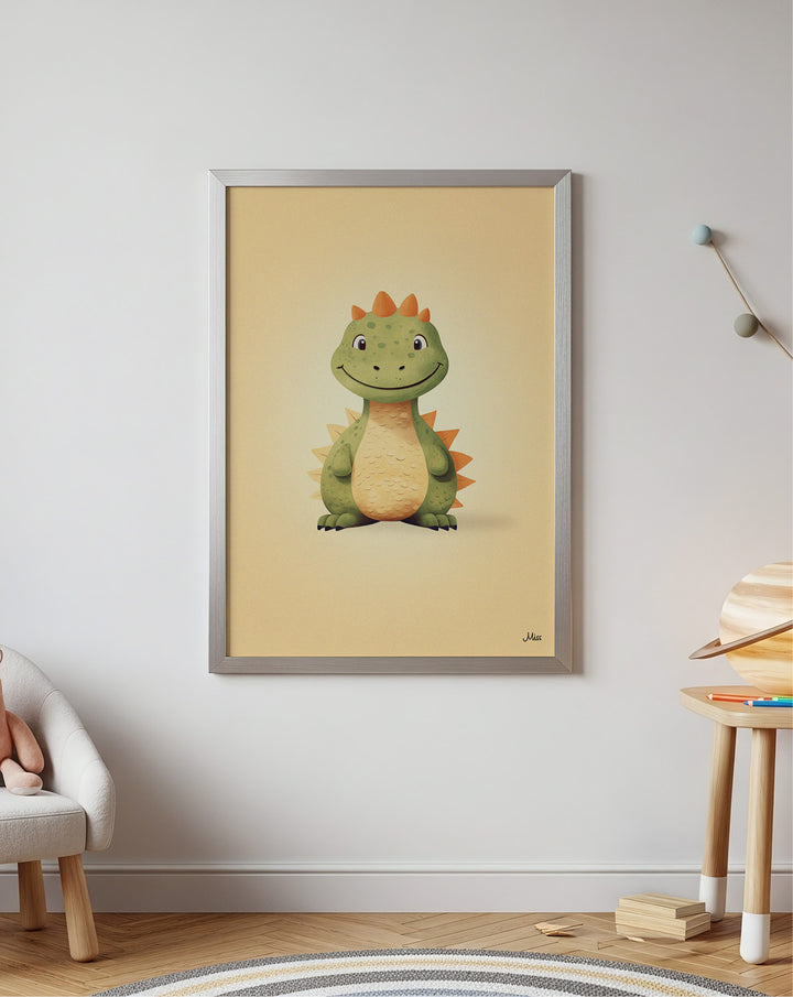 Dino Green plakat på grå barneromsvegg