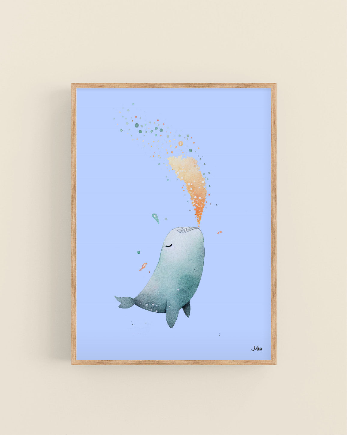 Whale Splash plakat, liten hval på lys blå bakgrunn