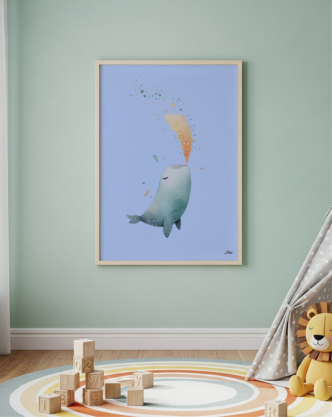 Whale Splash plakat på mintgrønn barneromsvegg